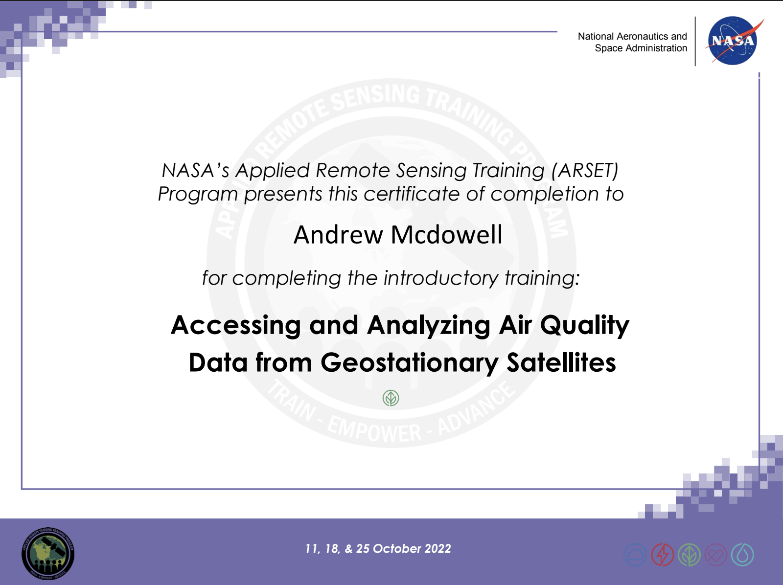 ARSET Accessing and Analyzing Air Quality Data from Geostationary Satellites certificate