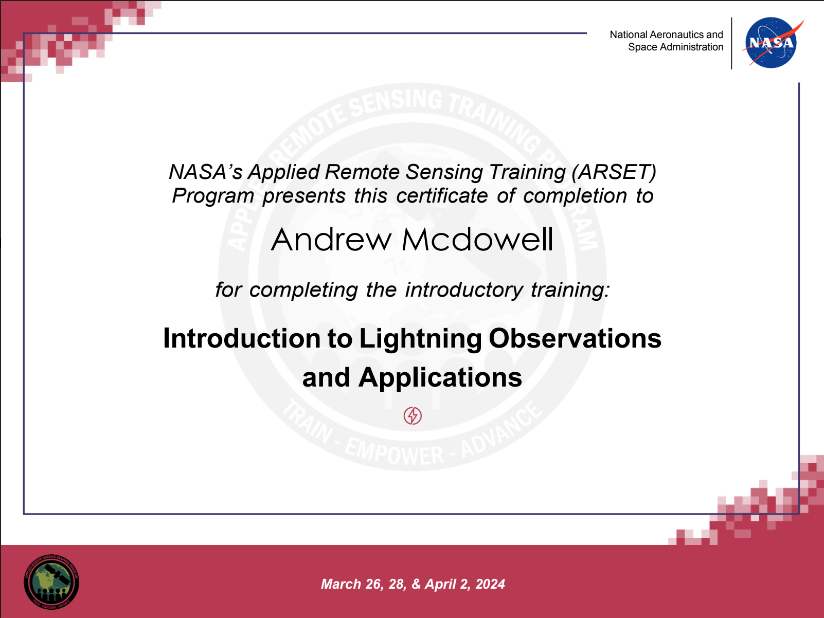 ARSET Introduction to Lightning Observations and Applications certificate